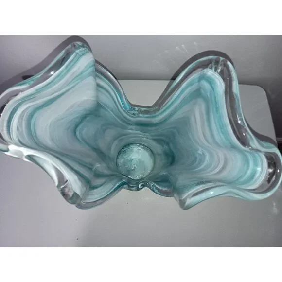 MURANO, Italy-Large, thick glass vase, ocean blue/white swirl colors ruffled top